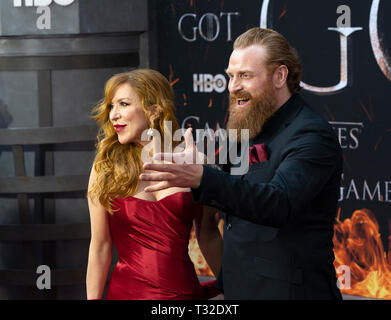 NEW YORK, NY APRIL 03: Gry Molvaer Hivju and Kristofer Hivju attend HBO 'Game of Thrones' final season premiere at Radio City Music Hall on April 03,  Stock Photo