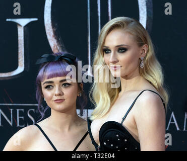 NEW YORK, NY APRIL 03: Maisie Williams and Sophie Turner attend HBO 'Game of Thrones' final season premiere at Radio City Music Hall on April 03, 2019 Stock Photo