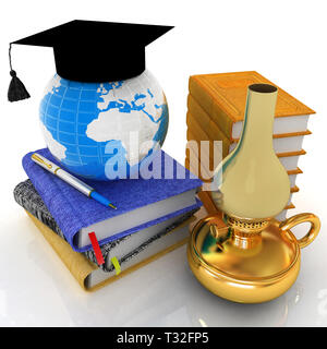 Global of Education concept with Earth, retro kerosene lamp, leather books, notebooks and graduation hat from above. 3d render Stock Photo