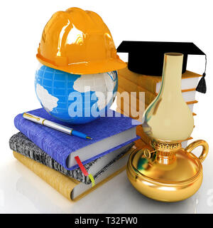 Hard hat and graduation hat on a leather books and notes with retro kerosene lamp. The global concept with Earth of edication for work. 3d render Stock Photo
