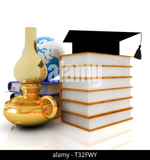 Learning concept with retro kerosene lamp, graduation hat, leather books and Earth. 3d render Stock Photo