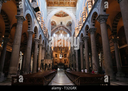 Pisa, Italy - June 29, 2018: Panoramic view of interior of Pisa Cathedral (Cattedrale Metropolitana Primaziale di Santa Maria Assunta) is a medieval R Stock Photo