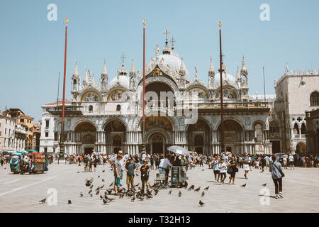 Venice, Italy - June 30, 2018: Panoramic view of Patriarchal Cathedral Basilica of Saint Mark (Basilica Cattedrale Patriarcale di San Marco) and Piazz Stock Photo