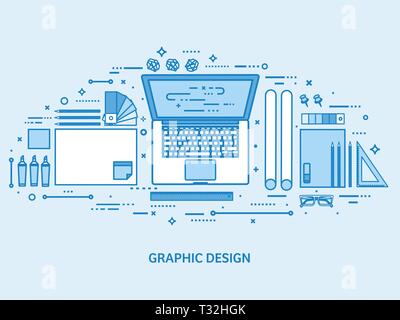 Graphic web design. Drawing and painting. User interface UI. Landing page creation and development. Flat blue outline background. Line art vector Stock Vector