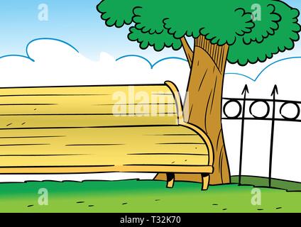 The illustration shows part of a bench in a park near a big tree. Done in a cartoon style. Stock Vector