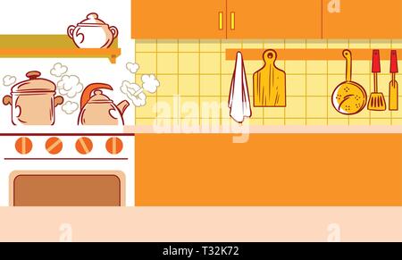 The illustration shows the interior of kitchen and kitchen utensils in a cartoon style Stock Vector