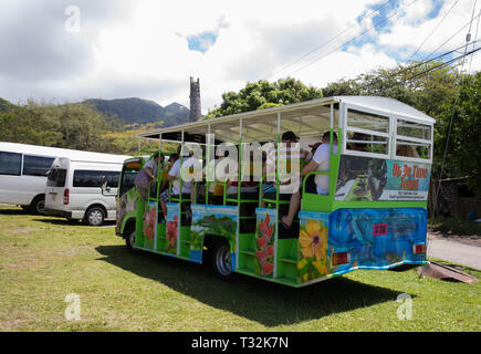 Open tour bus at Wingfield Estates in St Kitts, a Caribbean Island Stock Photo
