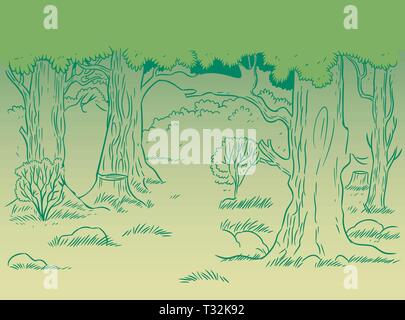 The illustration shows the abstract green forest landscape. Illustration made in the style wallpaper. Stock Vector