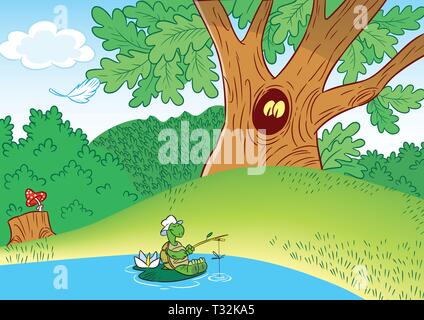 The illustration shows a pretty turtle, which catch fish in the pond, on the background of green forest. Stock Vector