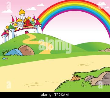 In the illustration cartoon ancient fortress against the sky and rainbow. Stock Vector