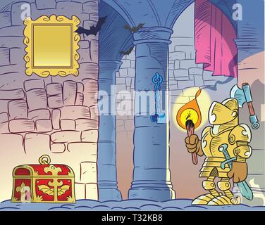 The illustration shows the interior of the old gloomy castle. On the background of the stone walls and columns we see a knight in armor Stock Vector