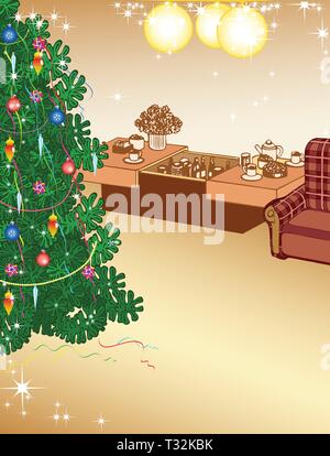 The illustration shows the interior of a room in which there is a Christmas tree and decorations. There is a place for text, performed on separate lay Stock Vector