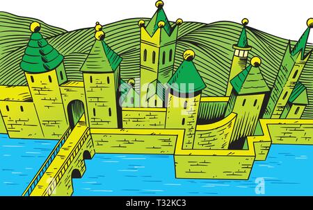 The vector illustration of an old stone castle with a bridge and a water moat, top view. Stock Vector