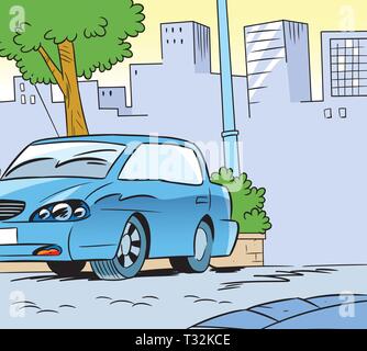 The illustration shows a parked car on a city street background. Illustration done in cartoon style. Stock Vector