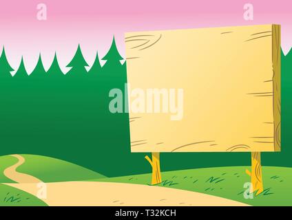 The illustration shows a bulletin board near the road on backgrounds a forest. Illustration done on separate layers, in a cartoon style. Stock Vector