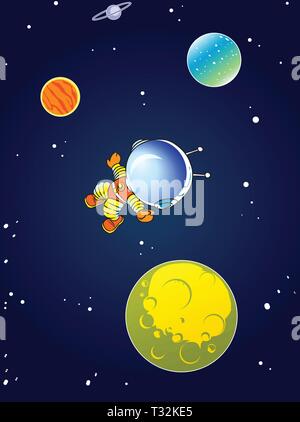 The illustration shows a cartoon astronaut in outer space against the background of stars and planets. On separate layers. Stock Vector