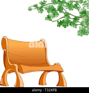 The illustration shows a yellow wooden bench. A tree branch leaning over the bench. Illustration on a white background. Stock Vector