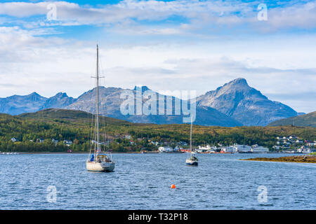 View of Eidkjosen on Kvaloya island in Troms county across the fjord, Norway Stock Photo