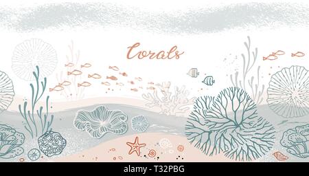 Seamless horizontal pattern with corals, algae, fish, and starfish. Stock Vector