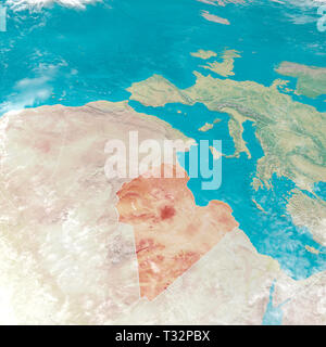 Physical map with reliefs of Libya, Libyan state in evidence. 3d map of north Africa and Europe Stock Photo