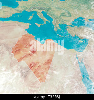 Physical map with reliefs of Libya, Libyan state in evidence. 3d map of north Africa and Europe Stock Photo