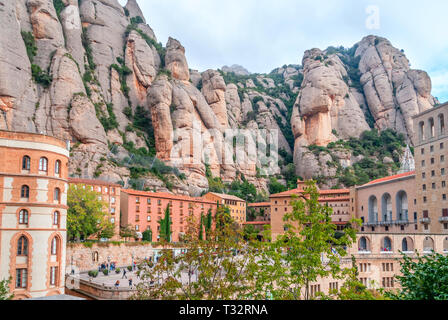 Santa Maria de Montserrat Abbey in Monistrol de Montserrat, Catalonia, Spain. Famous for the Virgin of Montserrat. Stock Photo