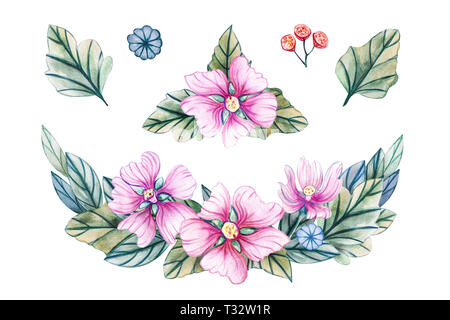 Watercolor illustrations with bouquets of wildflowers for a wedding. Floral card with pink flowers, leaves and buds of mallow. Autumn, summer and spri Stock Photo