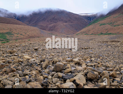 Canada, Newfoundland, Gros Morne National Park, Tan boulders of peridotite, which is formed in the earth's mantle, are exposed at The Tablelands. Stock Photo