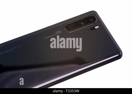 PIATRA NEAMT, ROMANIA -  APRIL 4, 2019: New Huawei P30 Pro, the series P30 flagship with Quad Leica camera. Stock Photo