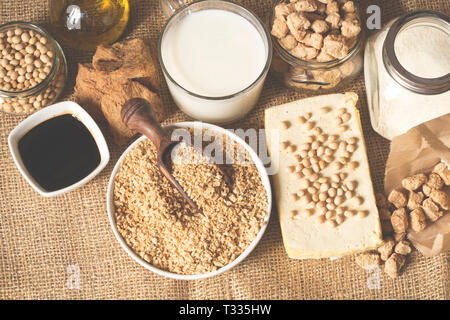 Various soy products on burlap background Stock Photo