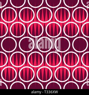 Abstract seamless pattern. Modern stylish texture. Repeating geometric circles on striped maroon background. Design for background, wallpaper. Stock Vector