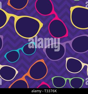 Glasses seamless pattern. Retro style. Cartoon flat style. Stylish background. Vector color illustration. Stock Vector