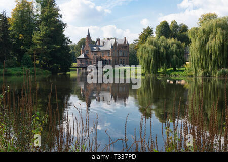 Bazel, Belgium - September 30, 2018, Castle Wissekerke, with in the foreground the shore plants Stock Photo