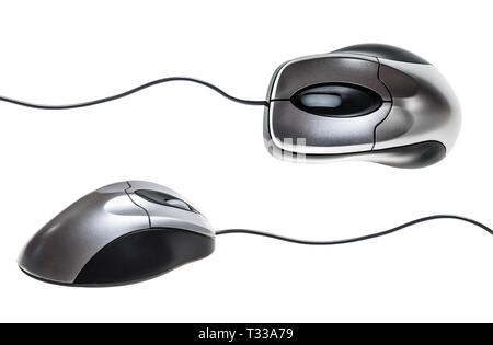 Black, silver colored wire computer mouse top and side view isolated on white background Stock Photo