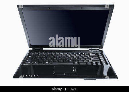 Front view black colored laptop notebook on white background. Clipping path display area and laptop outline Stock Photo