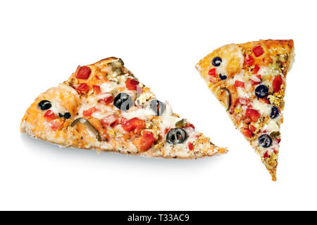 Pieces of pizza top and side view, isolated on white. Clipping path Stock Photo
