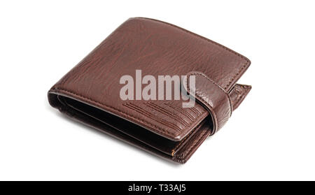 Brown natural leather wallet isolated on white background.  Elegance expensive fashion purse. Stock Photo