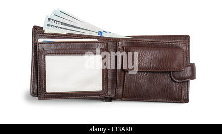 Open brown natural leather wallet isolated on white background.  Elegance expensive fashion purse. Clipping path Stock Photo