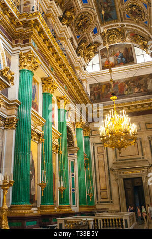 Saint Petersburg, Russia - August 15, 2017. Decoration details in the interior of the St Isaac Cathedral in St Petersburg, Russia. Malachite columns a Stock Photo