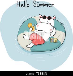 cute cartoon doodle happy hippo in short lying on life ring on sea, summer time Stock Vector