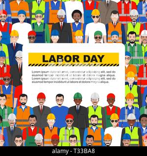 Labor day. Group of worker, builder and engineer standing together on white background in flat style. Working team and teamwork concept. Vector Stock Vector