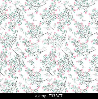 pink flower green leaves pattern seamless Stock Vector