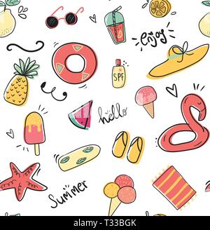 cute doodle summer collection pattern seamless flat vector illustration Stock Vector
