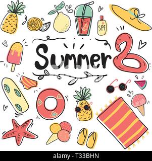 hand draw cute doodle icon summer collection  flat vector illustration Stock Vector