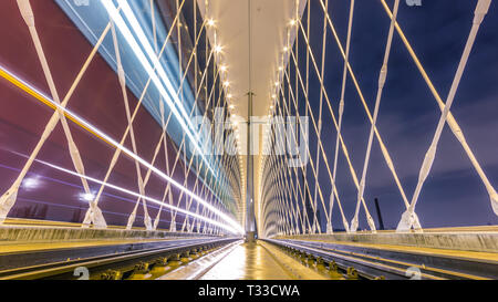 Night view of the Troja Bridge from the river Vltava, Trojsky most, Prague Stock Photo