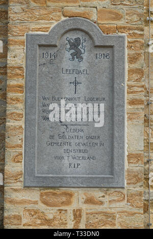 Memorial sign on the Saint Lambert church  remembering the victims in world war I in Leefdaal, Belgium Stock Photo