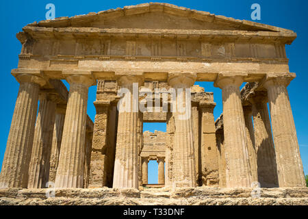 Temple of Concord ( Concordia) front close up view of columns, in the Valley of the Temples, Agrigento, Sicily, Italy Stock Photo