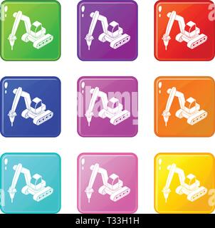 Drill tractor icons set 9 color collection isolated on white for any design Stock Vector