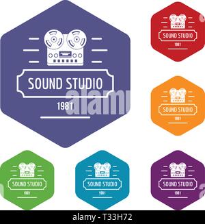 Retro sound studio icons vector colorful hexahedron set collection isolated on white Stock Vector