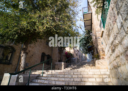 Stone stairs on a street in the old city shot at sunny summer day. Urban life of an old european town. Vintage lane with steps, greenary and houses. E Stock Photo